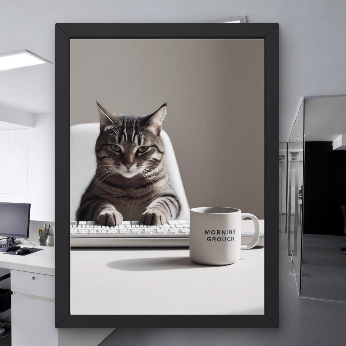 Funny Grumpy Cat Typing with Morning Grouch Mug Office Desk Poster - Image 3