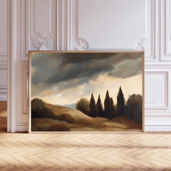 Tuscan Landscape Art Print Moody Sky Countryside Wall Old World Rustic Sunset Scene Vintage Style Home Decor