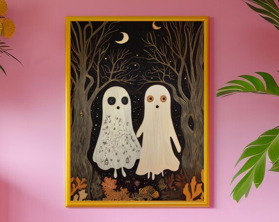 Two Cute Ghosts In Moonlit Bare Forest Under Starry Sky Halloween Poster
