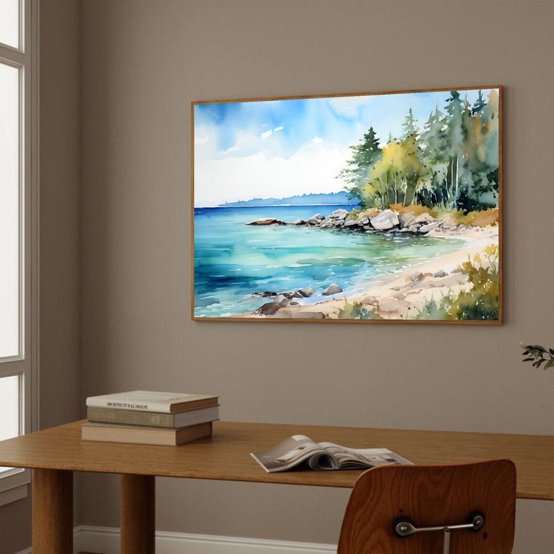 Sandy Cove Turquoise Water Pine Rocks Peaceful Bay Watercolor Poster - Image 2