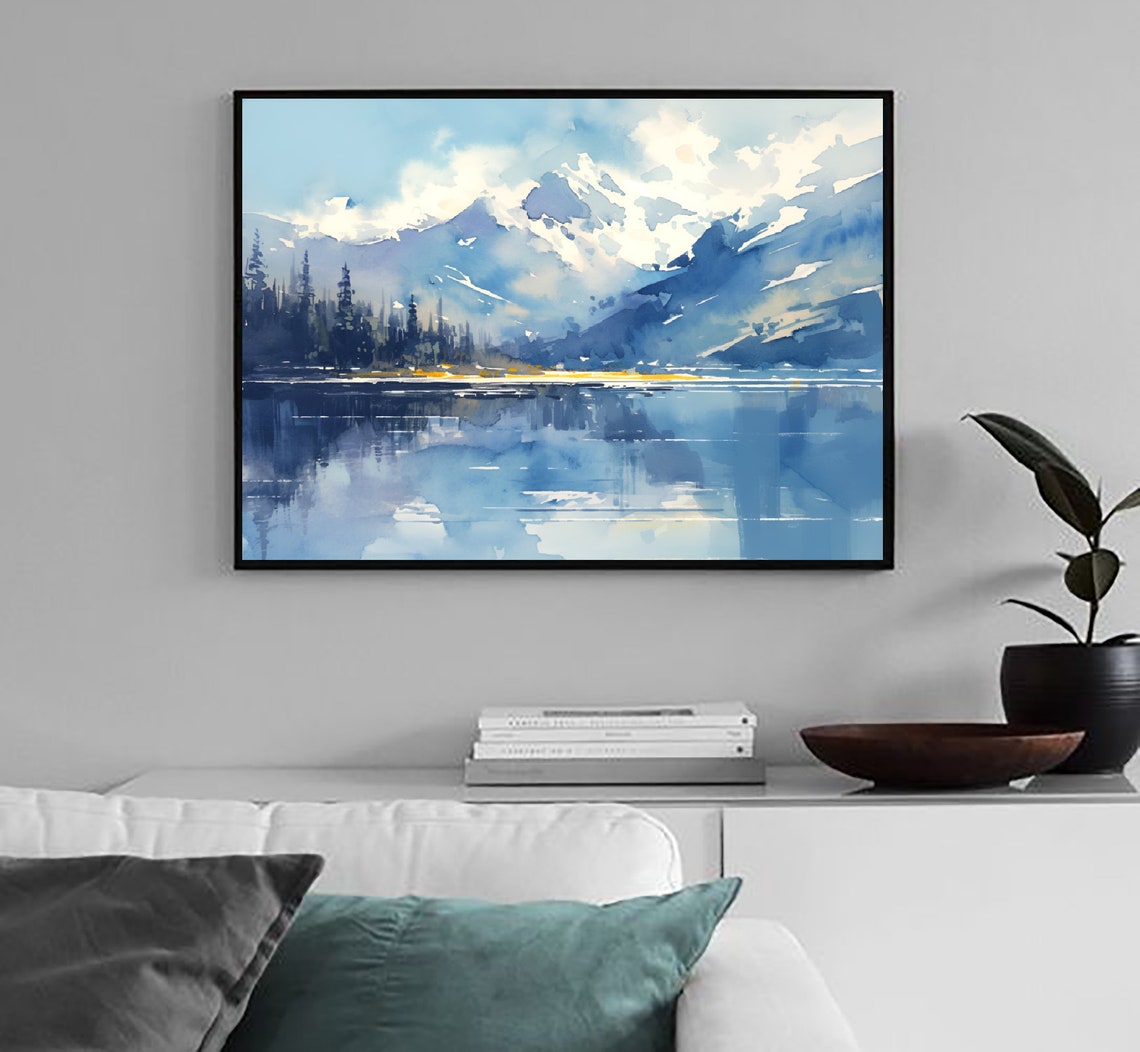 Blue Mountain Lake Mirror Reflection Watercolor Serene Art Poster - Image 3
