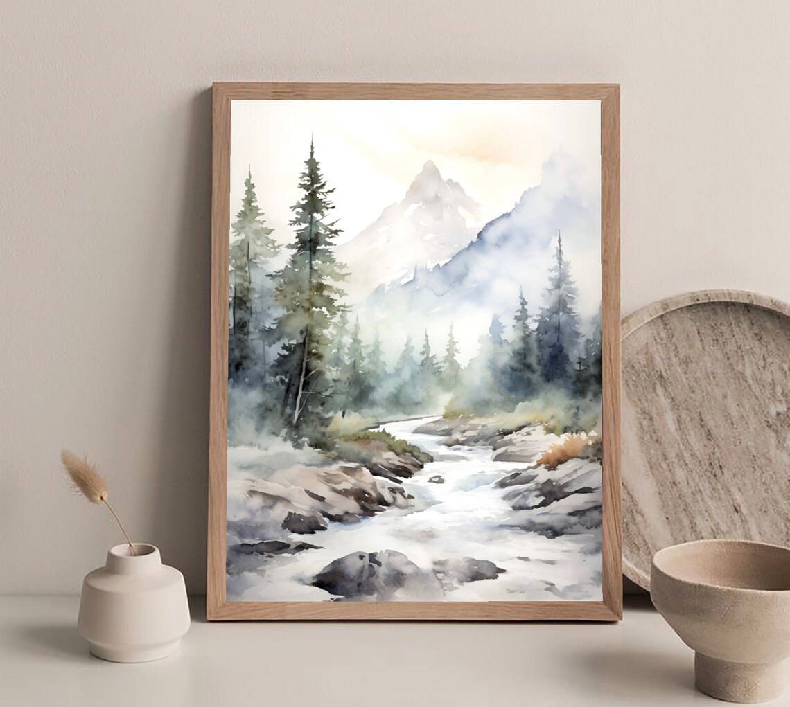 South Dakota Foggy Pine Forest Mist Stream Watercolor Poster - Image 3