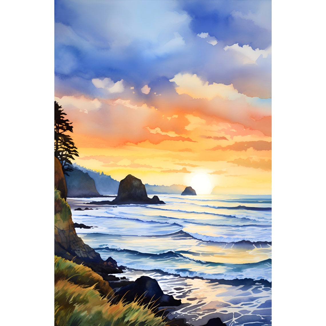 Cannon Beach Oregon Sunset Ocean Waves Coast Watercolor Poster
