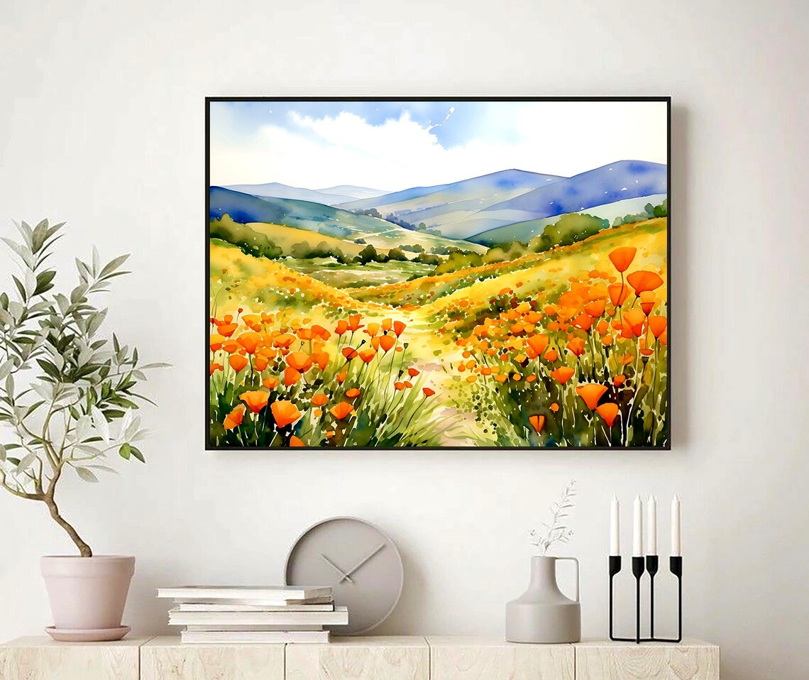 California Poppy Watercolor Travel Poster, Boho Floral - Image 3