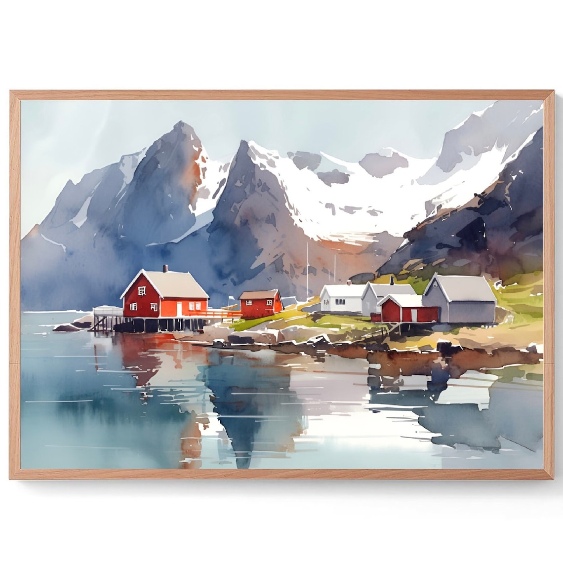 Lofoten Islands Norway Red Fishing Cabins Fjord Watercolor Poster