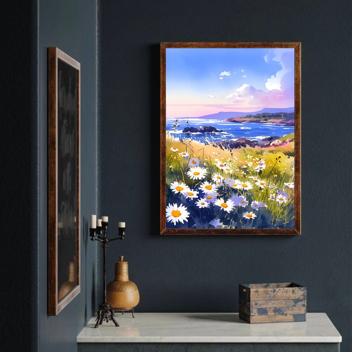 Coastal Daisies Wildflower Cliff Blue Seascape Watercolor Poster - Image 4
