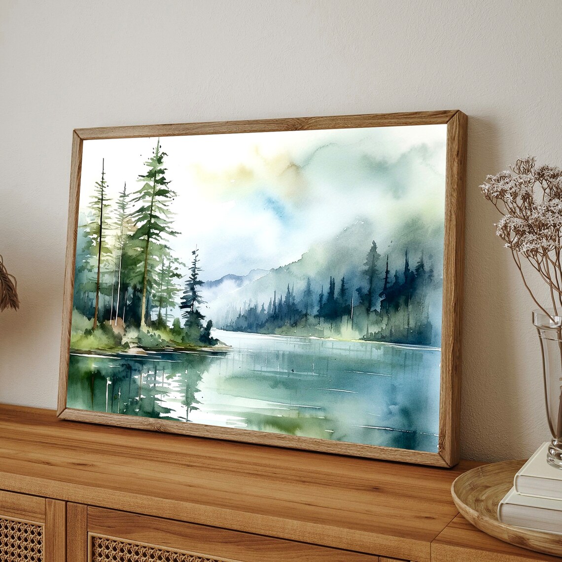 Sunrise Forest Lake Watercolor Landscape Art Print - Image 2