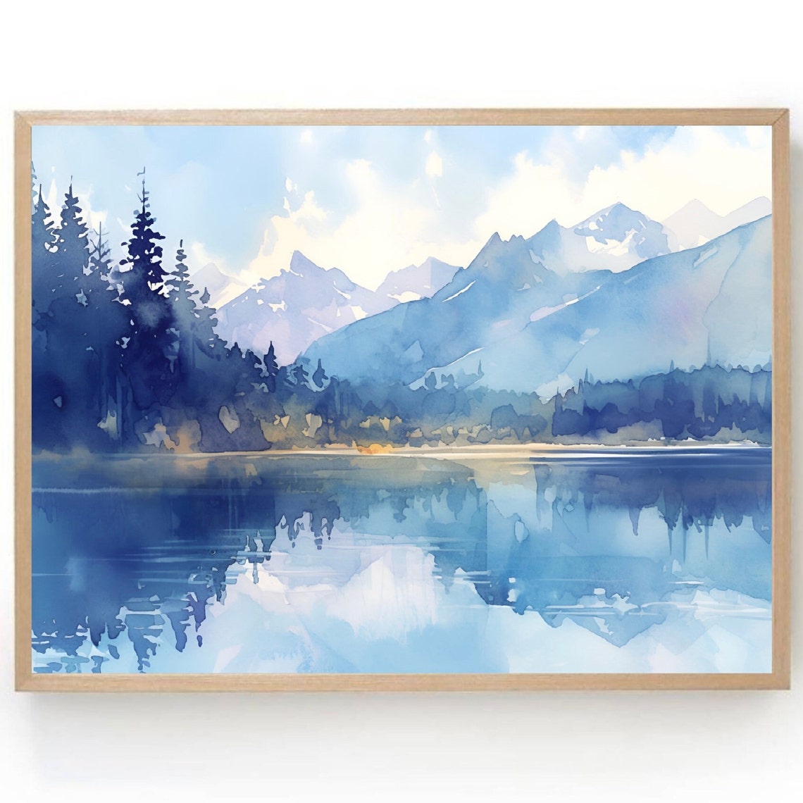 Blue Misty Mountain Lake Reflection Pine Forest Watercolor Poster