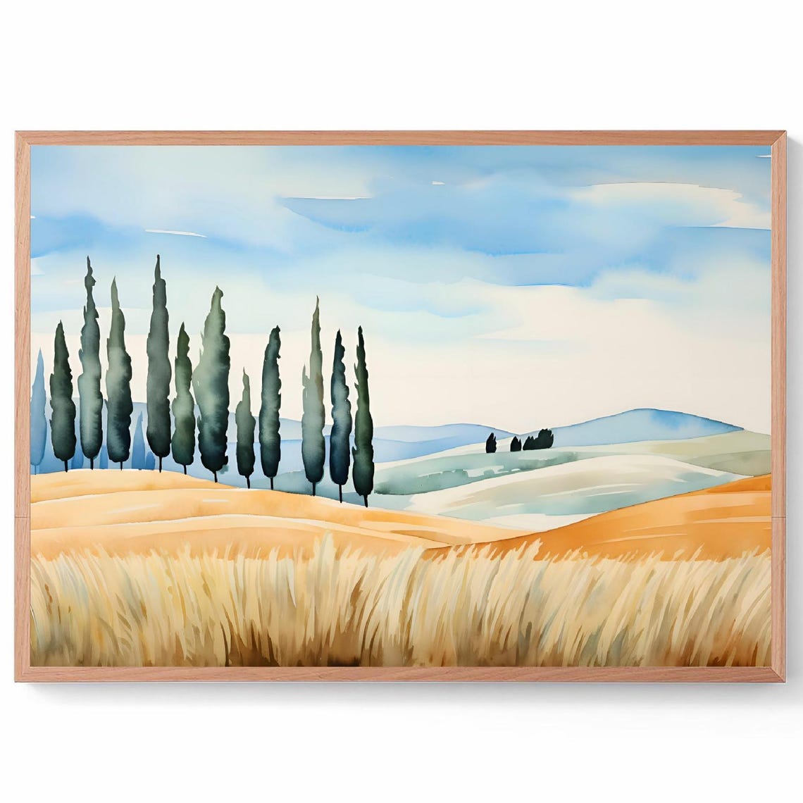Golden Hay Field Cypress Trees Rolling Hills Watercolor Art Poster