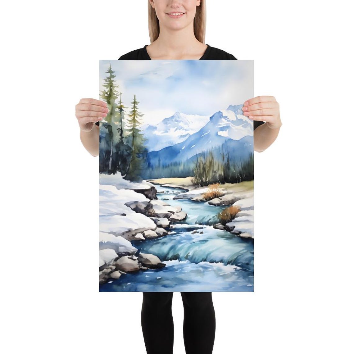 Wrangell Mountains Winter River Snow Watercolor Alaska Art Poster - Image 3