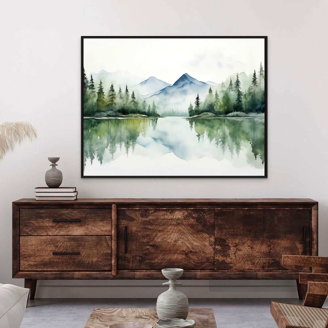 Misty Mountain Lake Reflection Watercolor Forest Landscape Poster - Image 2