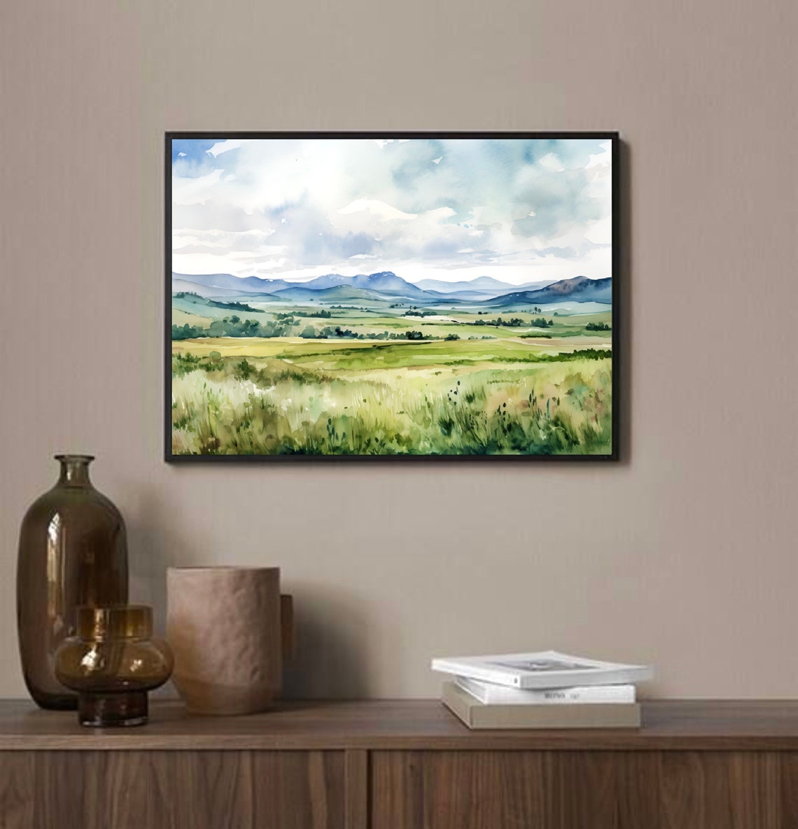 North Dakota Great Plains Panoramic Meadow Mountain Watercolor Poster - Image 3