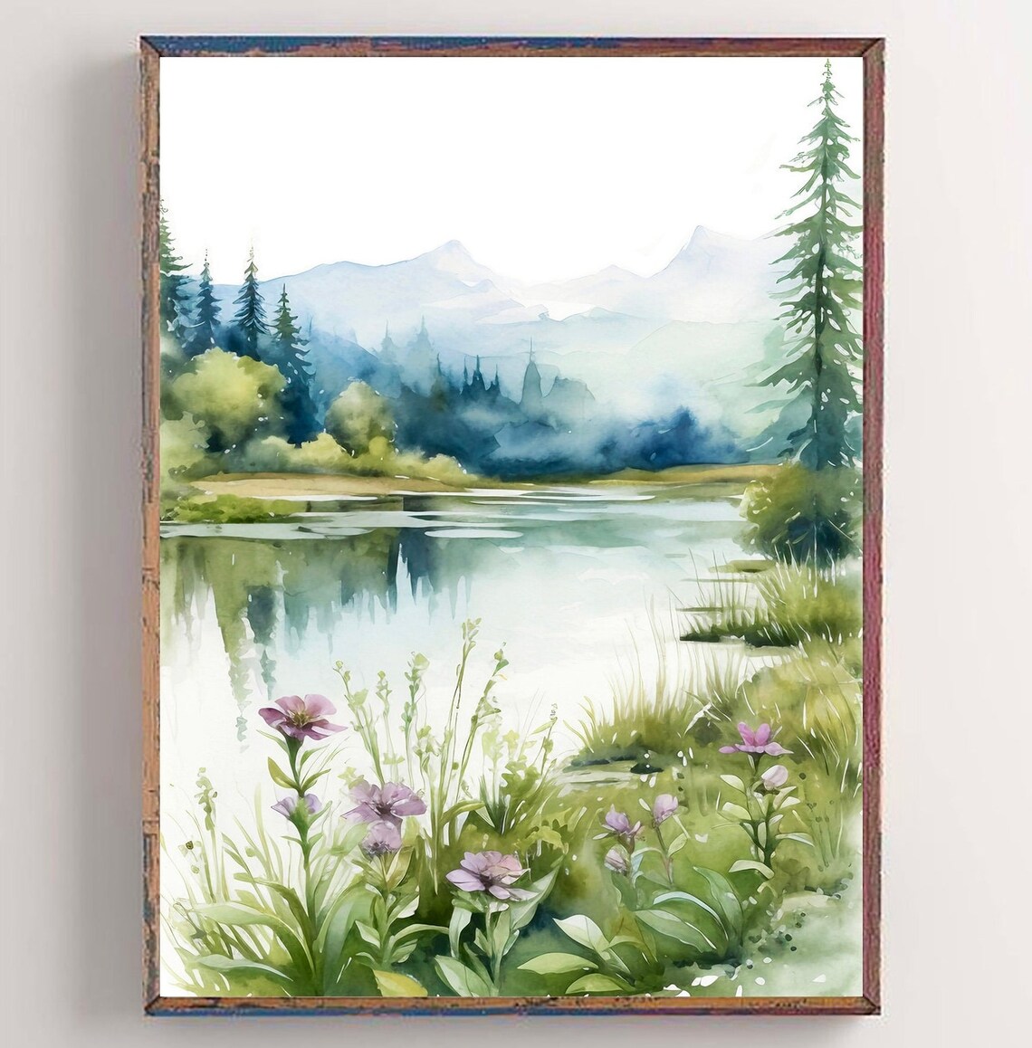 Mountain Forest Lake Print, Wildflower Landscape Poster