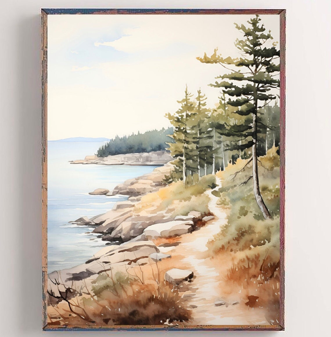 Coastal Path Pine Trees Rocky Shore Calm Sea Watercolor Art Poster