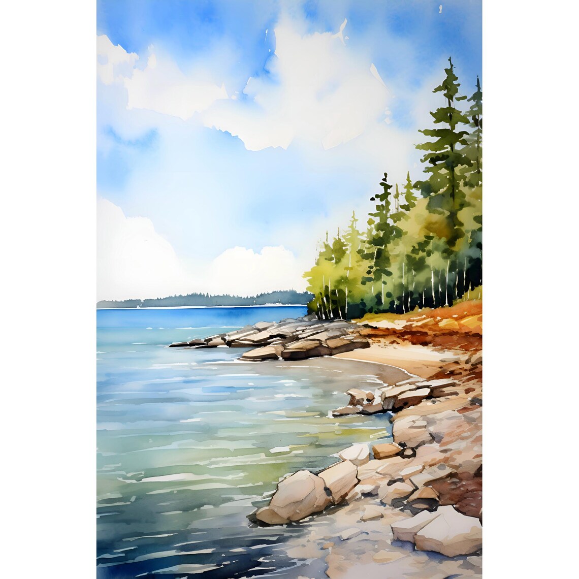 Sunny Rocky Lakeshore Pine Trees Calm Water Watercolor Art Poster