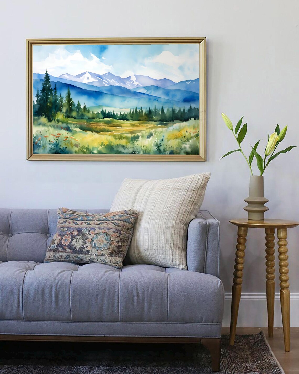 Snow Capped Mountain Meadow Wildflower Vista Watercolor Art Poster - Image 4