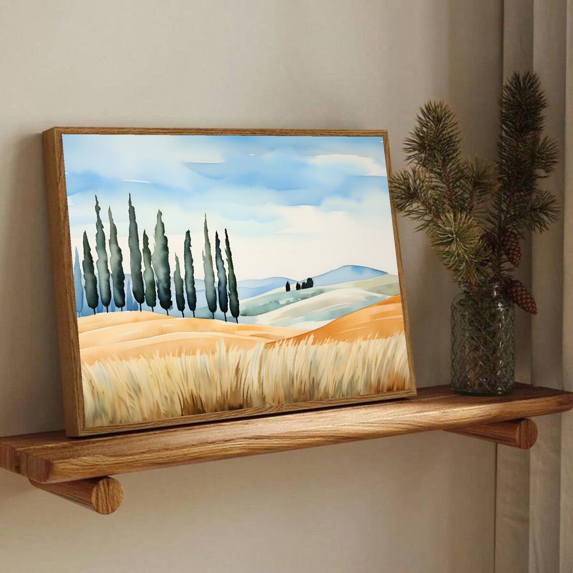 Golden Hay Field Cypress Trees Rolling Hills Watercolor Art Poster - Image 2