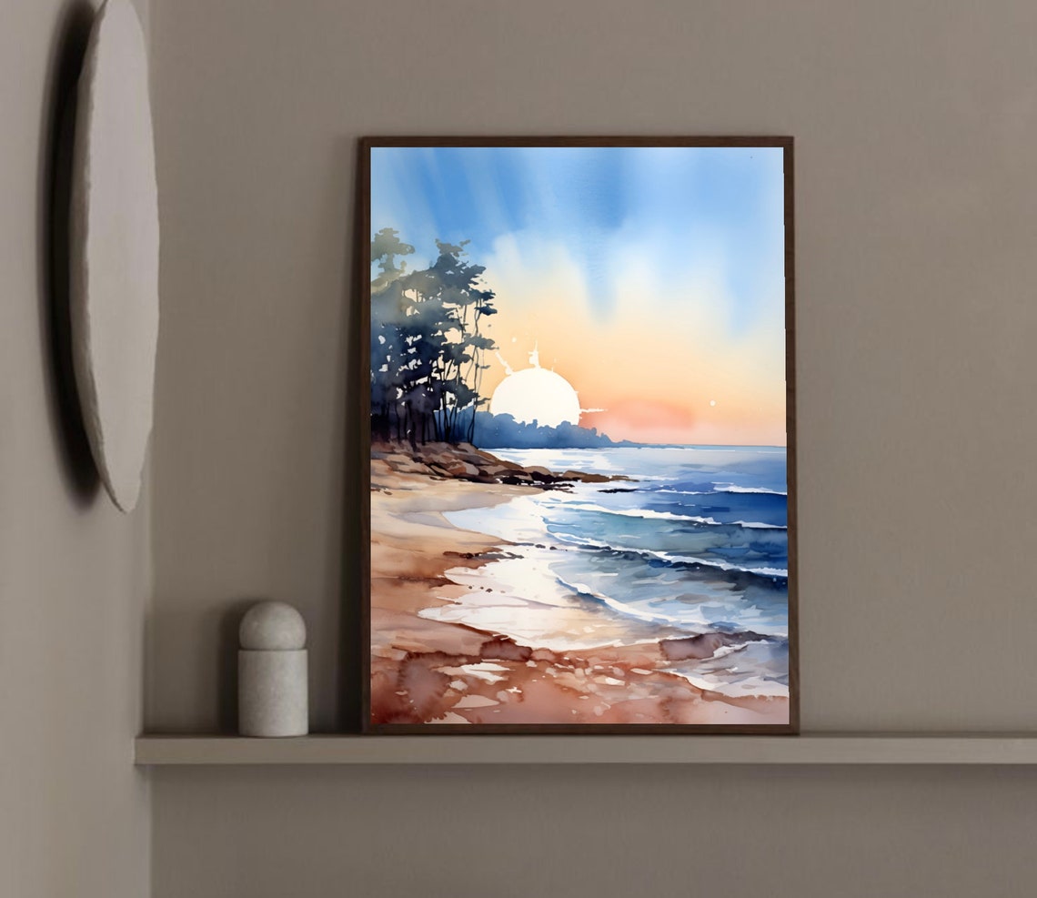 Beach Sunset Pine Trees Ocean Waves Golden Hour Watercolor Poster - Image 2