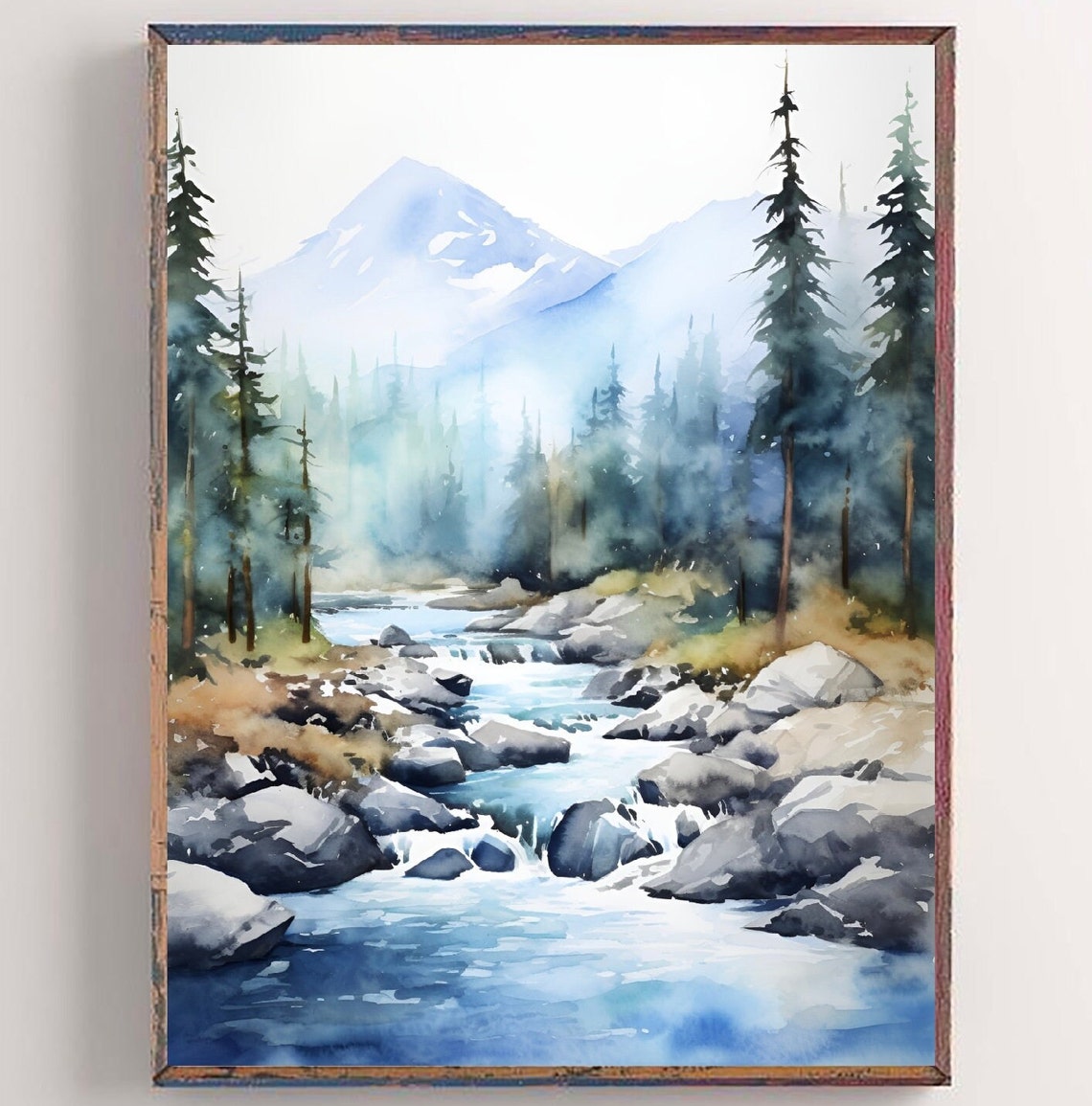 Rocky Mountain Stream Snowy Peaks Forest Watercolor Art Poster