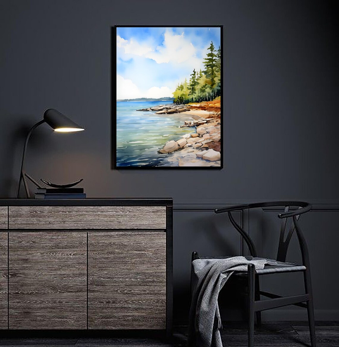 Sunny Rocky Lakeshore Pine Trees Calm Water Watercolor Art Poster - Image 4