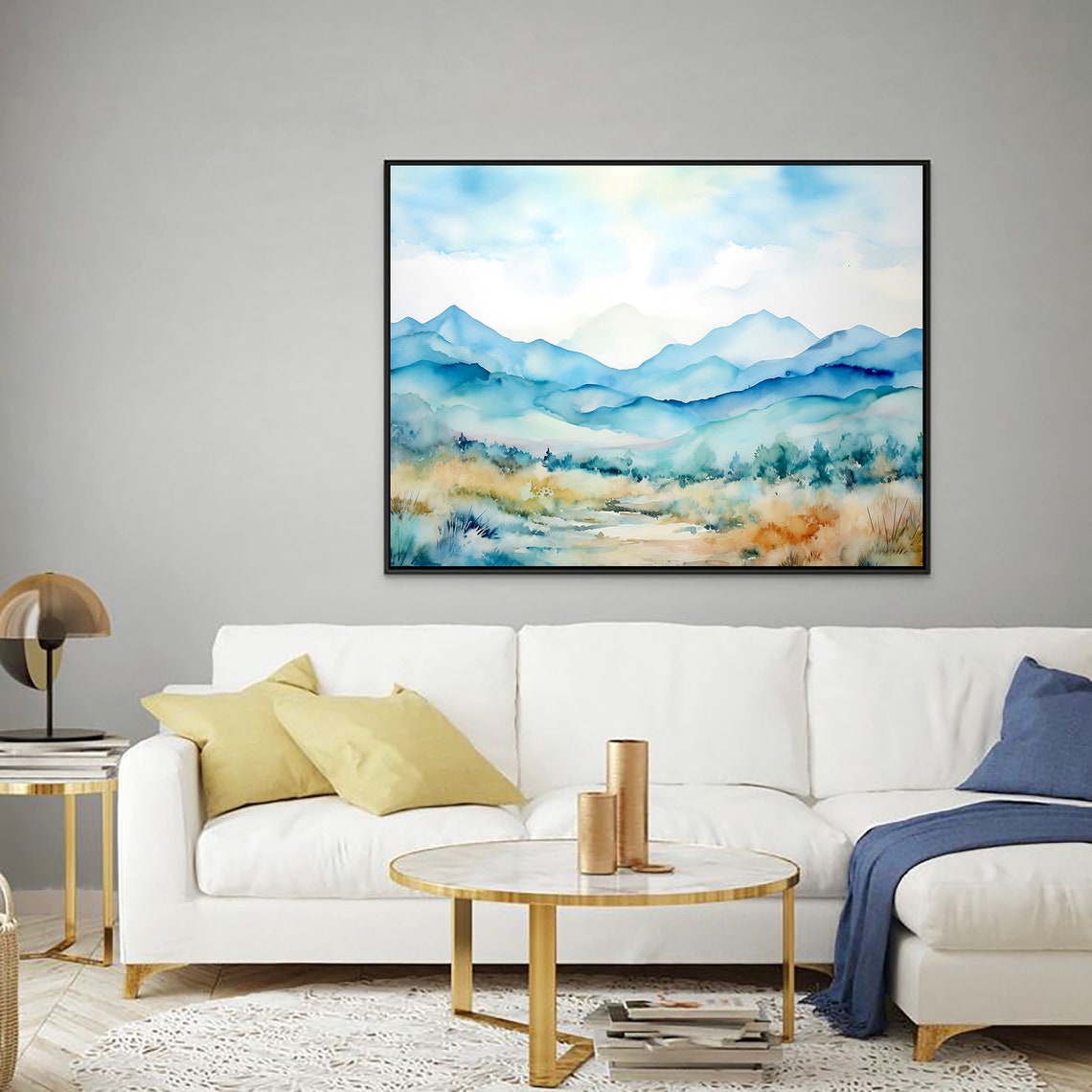 Blue Misty Mountain Ridges Autumn Meadow Watercolor Landscape Poster - Image 4