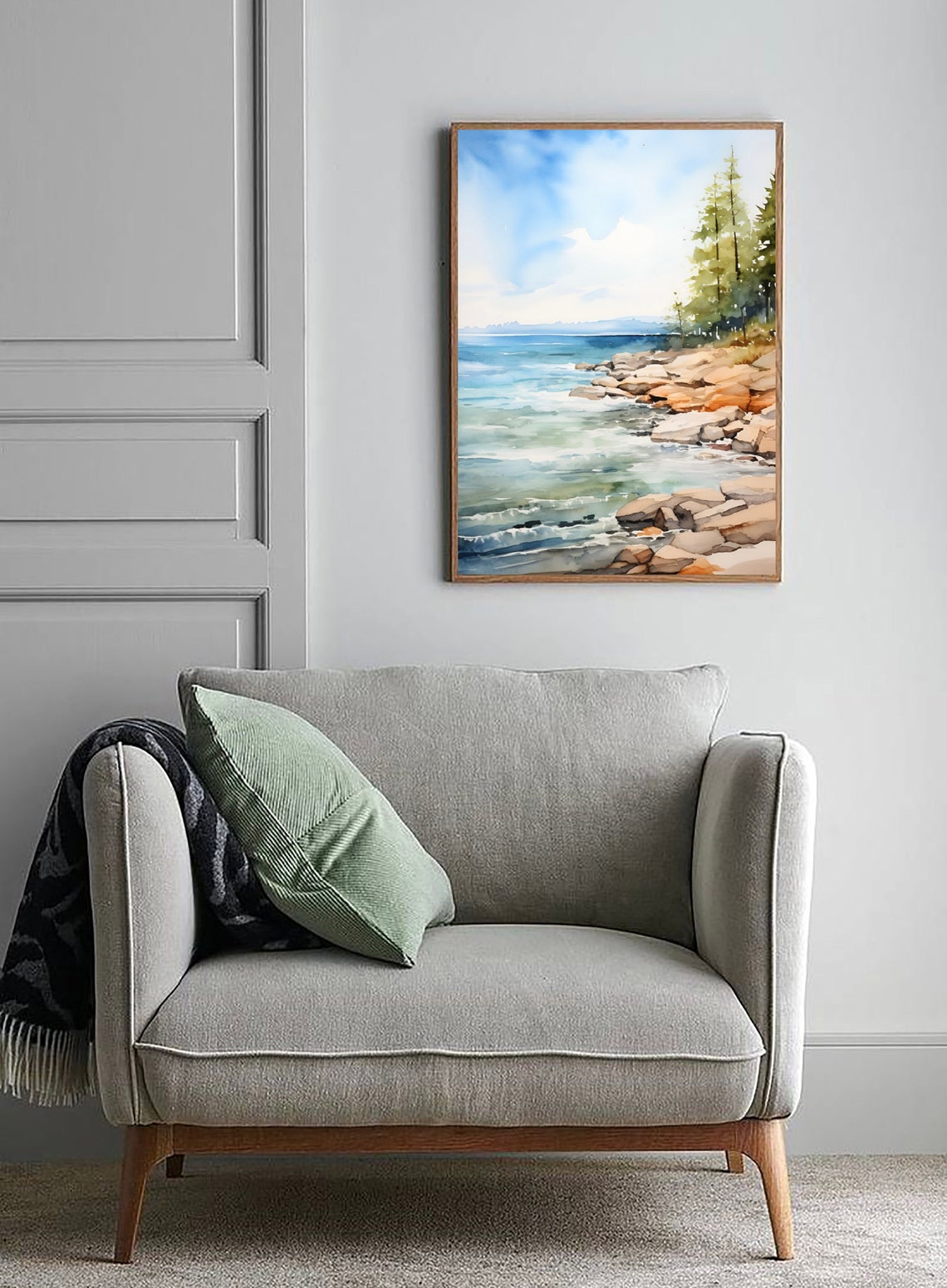 Lake Ontario Michigan Waves Rocks Pine Trees Watercolor Poster - Image 3