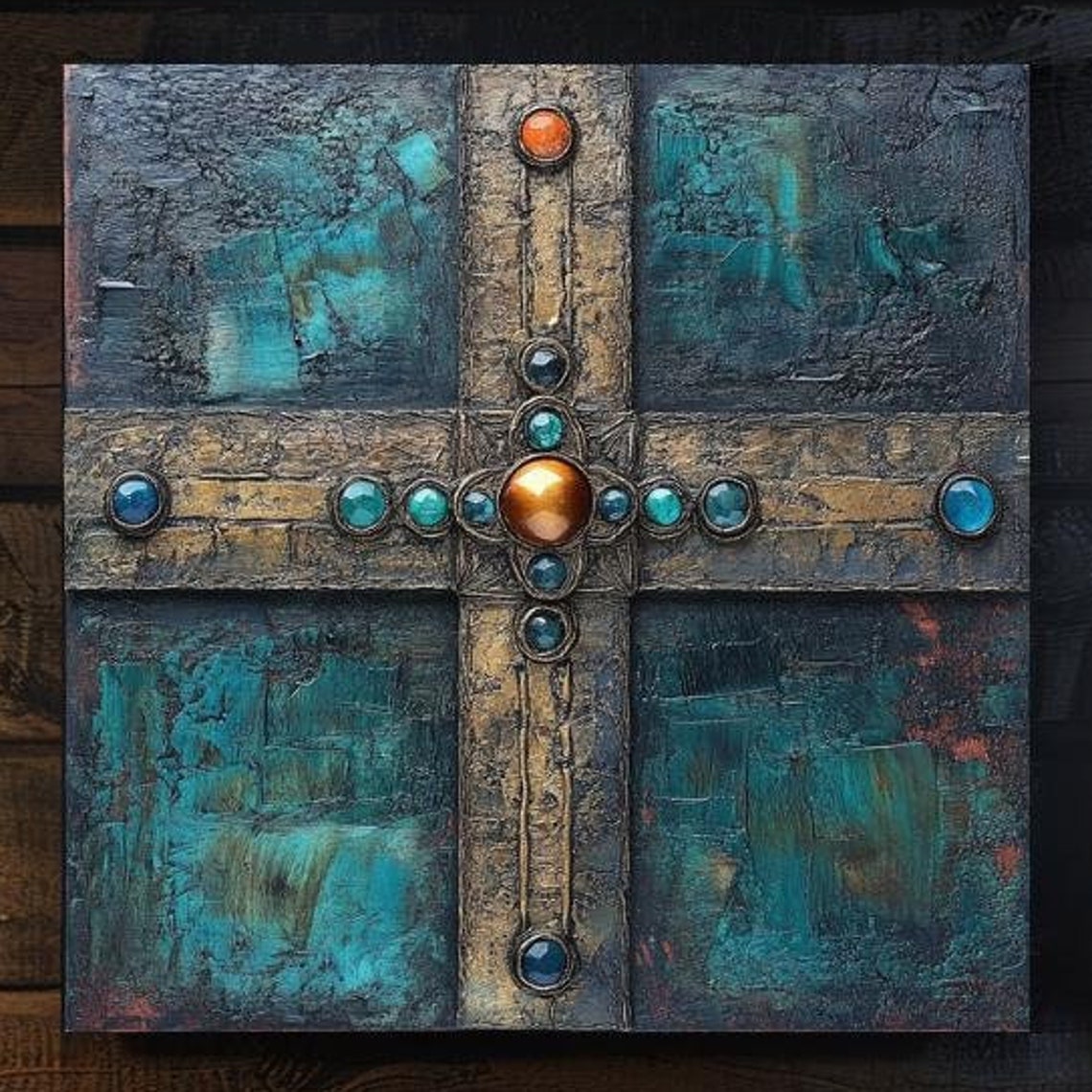 Medieval Gemstone Cross With Turquoise And Amber Stones Poster - Image 4