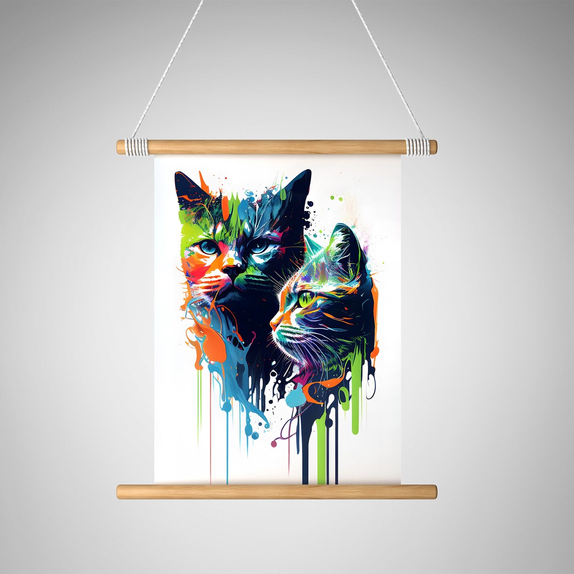 Pair of Cats Neon Watercolor Splash Double Modern Art Poster - Image 2