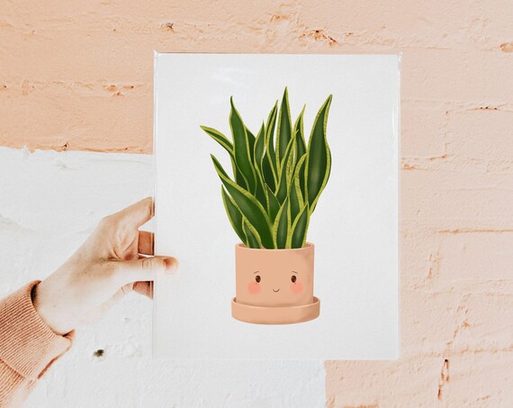Cute Snake Plant in a Smiling Peach Pot Minimal Botanical Poster