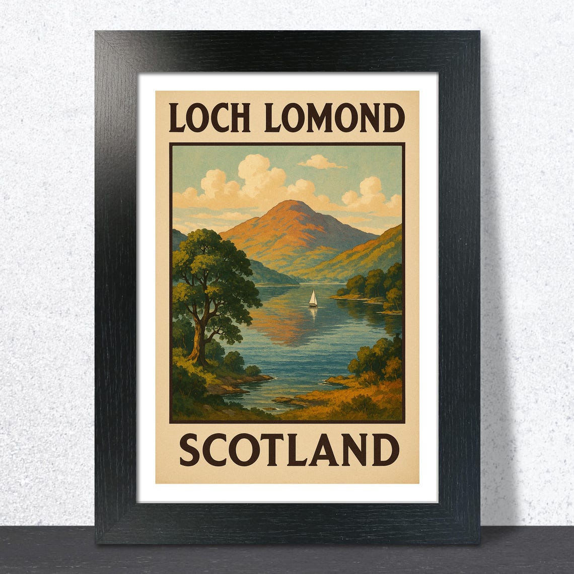 Loch Lomond Sailboat On Still Water Mountain View Travel Poster