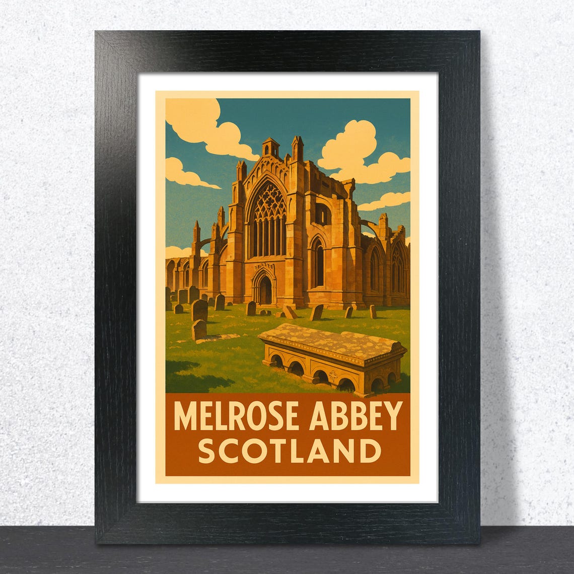 Melrose Abbey Scotland Blue Sky Daytime Vintage Travel Poster
