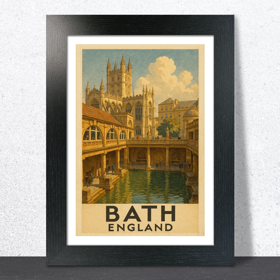 Bath England Historic Roman Baths Abbey Vintage Travel Poster