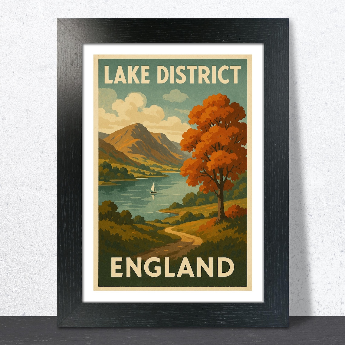 Lake District England Autumn Sailboat Vintage Travel Style Art Poster
