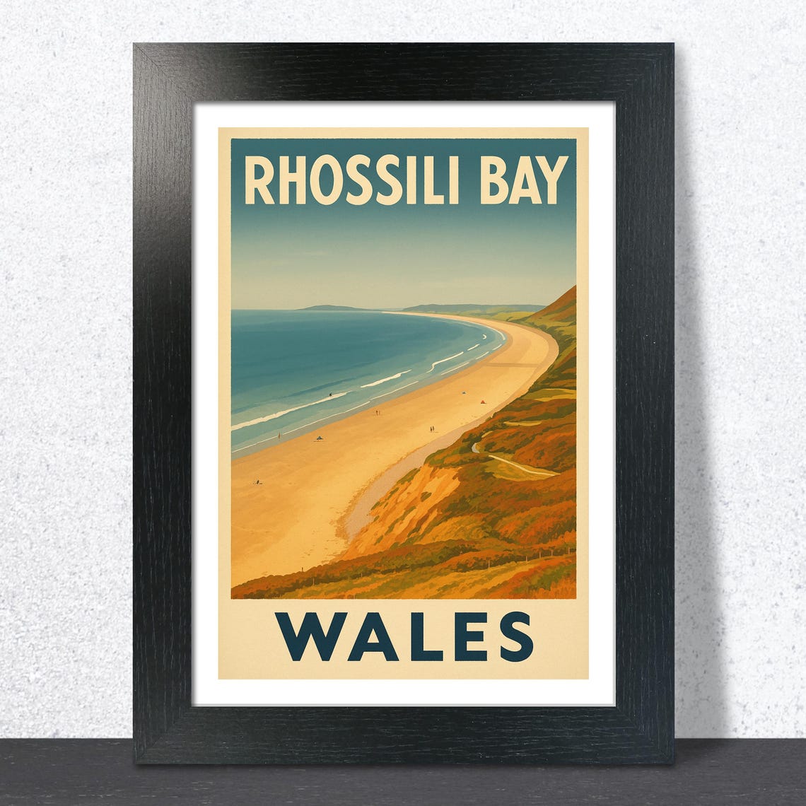 Rhossili Bay Wales Vintage Travel Poster Golden Beach Cliffs Art