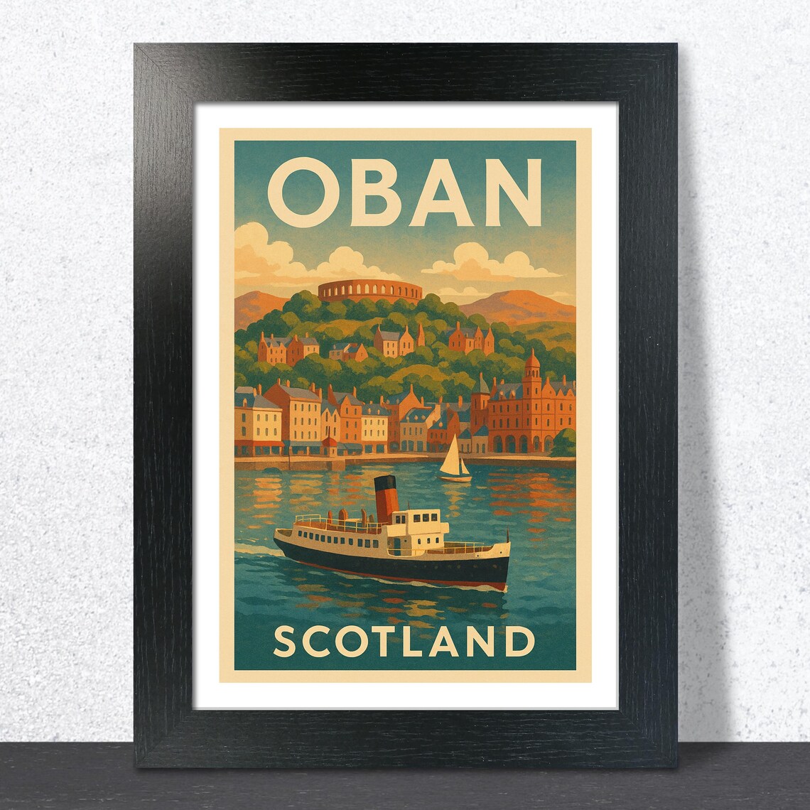Oban Scotland Vintage Travel Poster with Harbor and Steamer Ship
