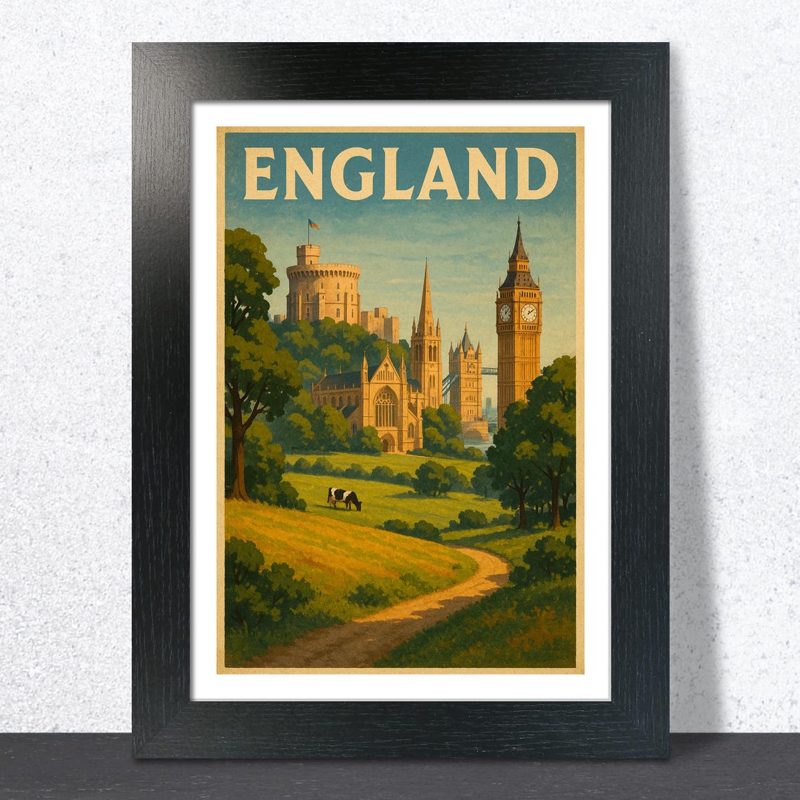 England Landmarks Big Ben Tower Bridge Vintage Travel Poster