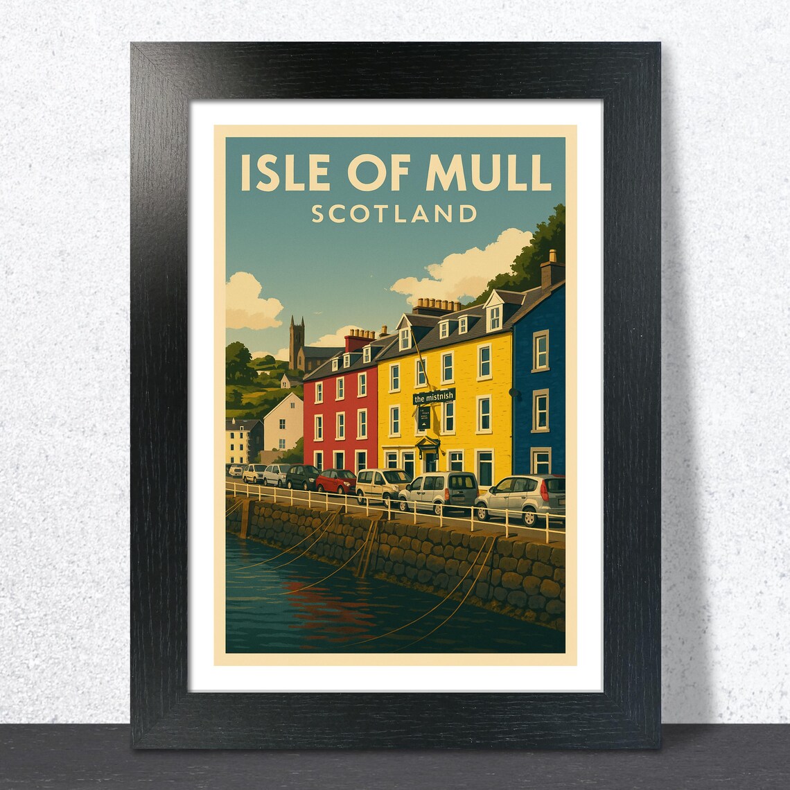 Isle of Mull Scotland Teal Background Retro Harbor Travel Poster