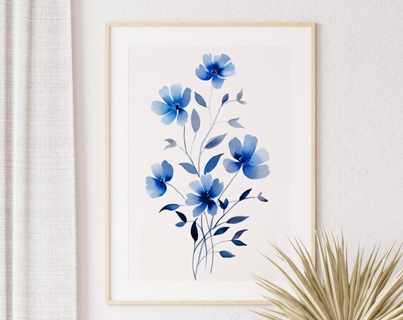 Blue Wildflowers Watercolor Bouquet Simple Stems Minimalist Floral Poster
