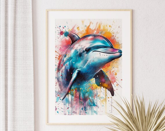 Dolphin Painting Watercolor Colorful Wall Art Poster Colorful Animal Drawing Home Decor Illustration Wild Nature Portrait Print
