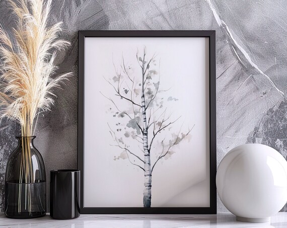 White Birch Tree Watercolor Bare Branches Winter Tone Art Poster