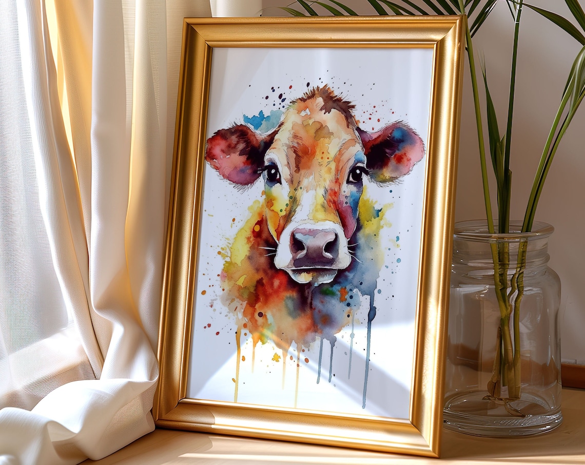 Baby Calf Watercolor Portrait Cute Young Cow Farm Art Poster