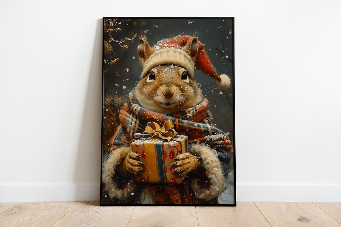 Squirrel Christmas Gift Winter Hat Snowy Festive Animal Portrait Poster