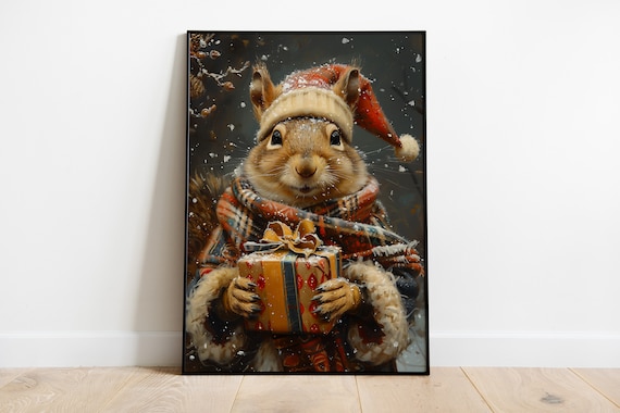 Squirrel Christmas Gift Winter Hat Snowy Festive Animal Portrait Poster
