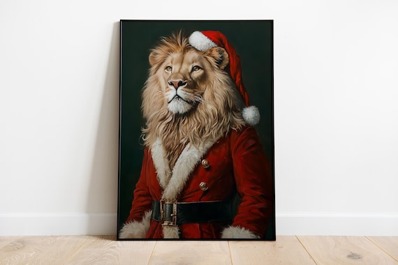 Lion Wearing Santa Suit Christmas Holiday Majestic Animal Poster