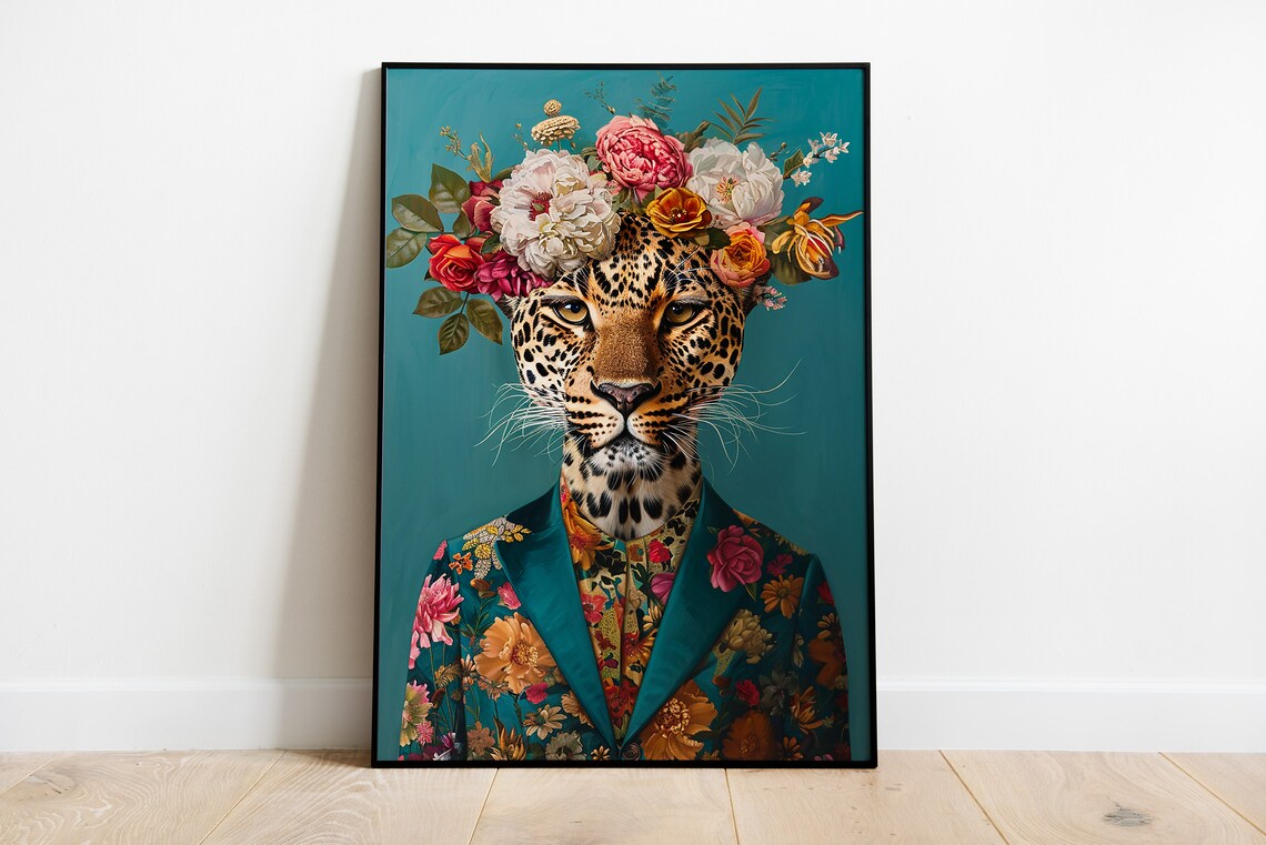 Floral Leopard Portrait, Eclectic Animal Art Print