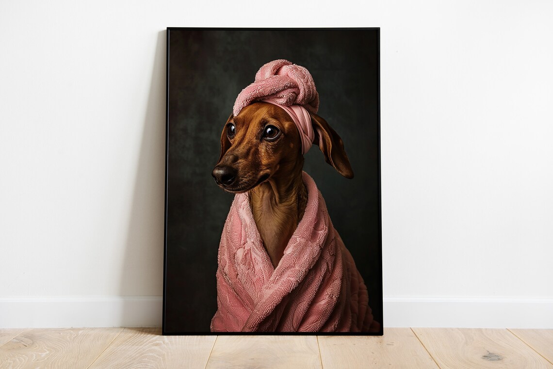 Dachshund in Pink Bathrobe and Towel Funny Dog Portrait Print