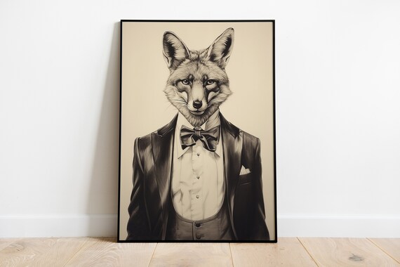 Dapper Fox in a Tuxedo Pencil Sketch Monochrome Portrait Poster