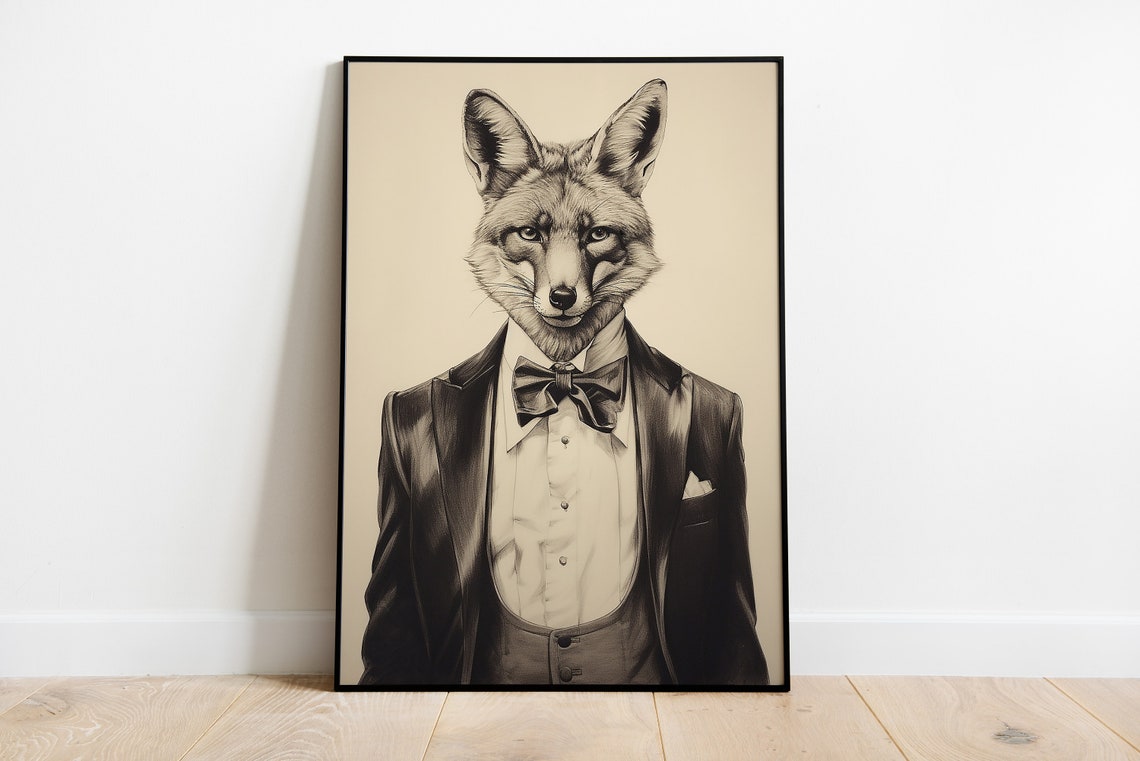 Dapper Fox in a Tuxedo Pencil Sketch Monochrome Portrait Poster