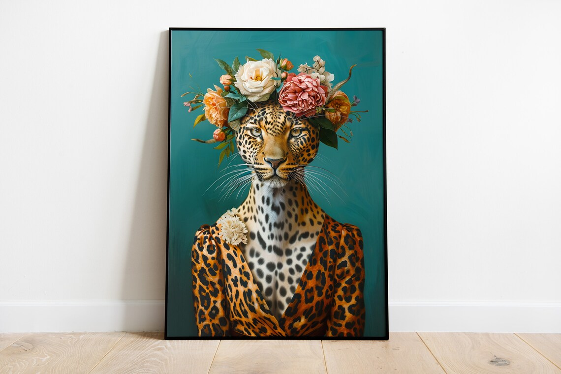 Floral Leopard Portrait Art Print, Eclectic Animal
