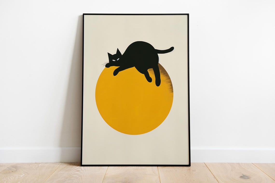Black Cat On Yellow Ball Minimalist Modern Art Poster For Cat Lovers